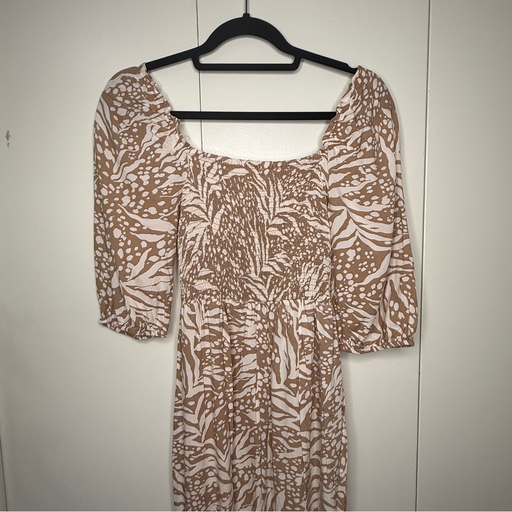 Smocked Square-Neck Midi Dress in Beige and White